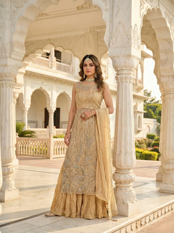 Beige Net Heavy Sequins Three Piece Suit Set