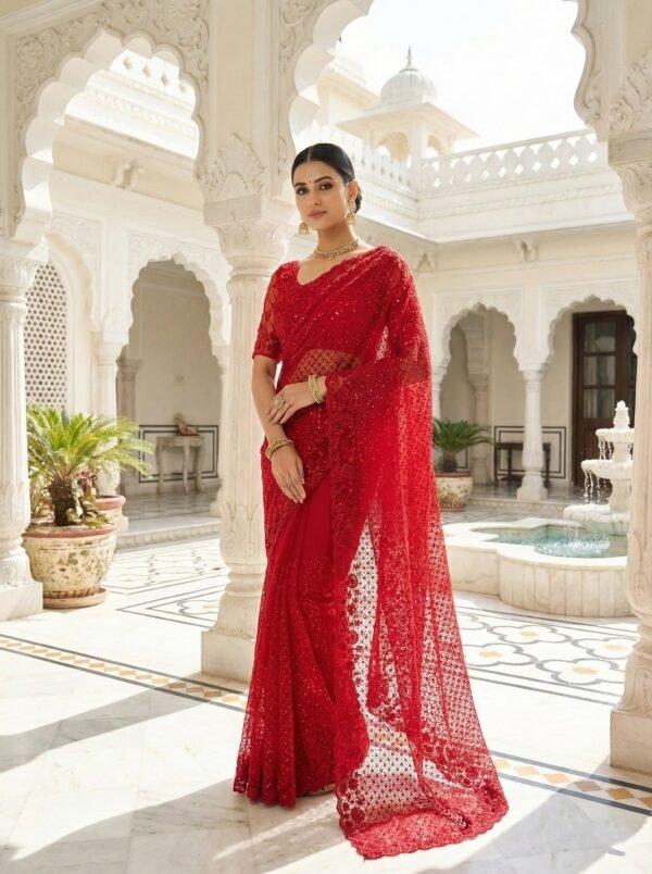Red Net Heavy Hand Embroidery Saree