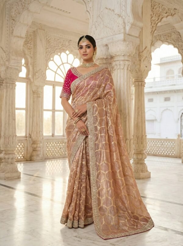Onion Pink Tissue Digital Print Saree With Readymade Blouse