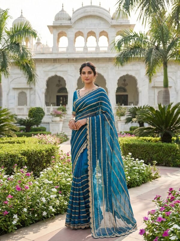 Royal Blue Tissue Stone Hand Embroidery Saree