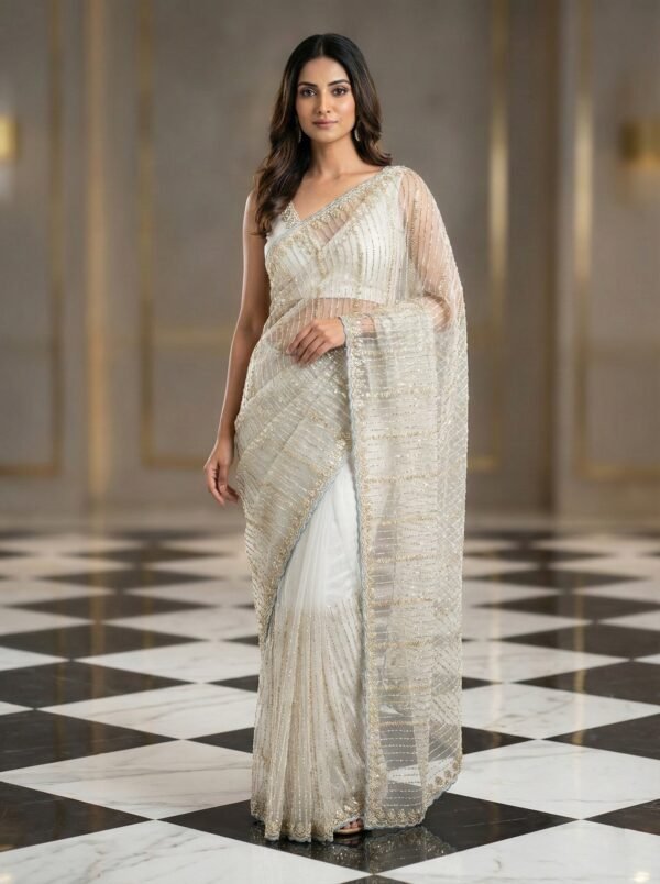 Grey Net Heavy Hand Embroidery Saree