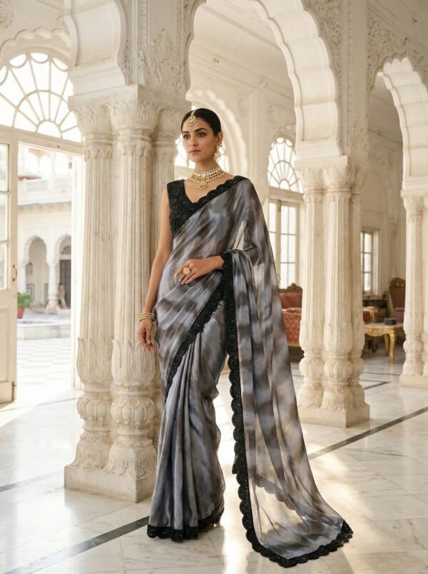 Blue Silk Heavy Beads Work Saree With Readymade Blouse