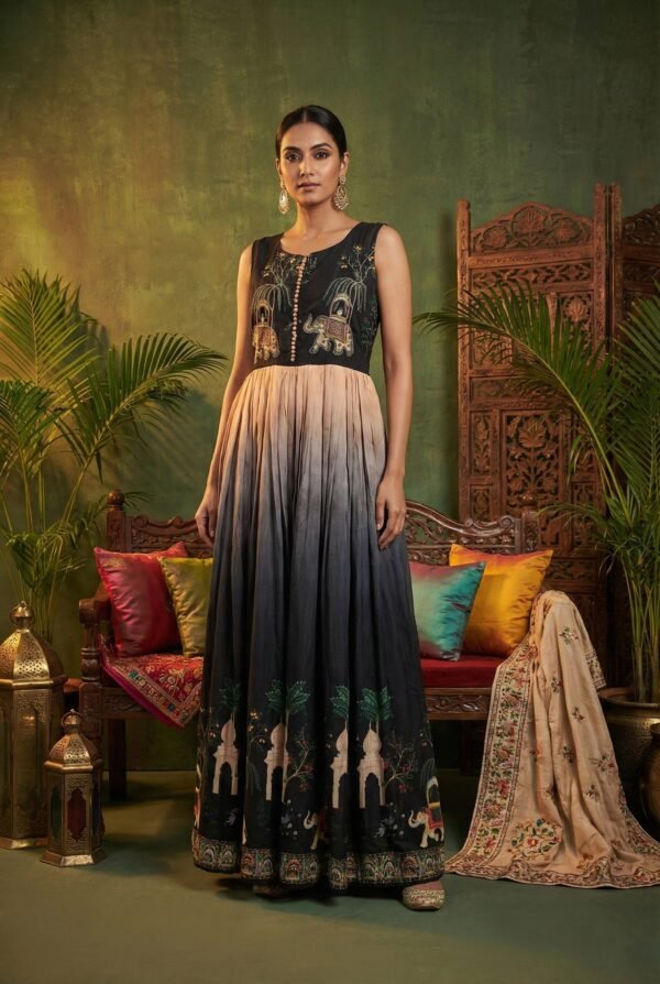 Black Chinnon Digital Print Long Dress