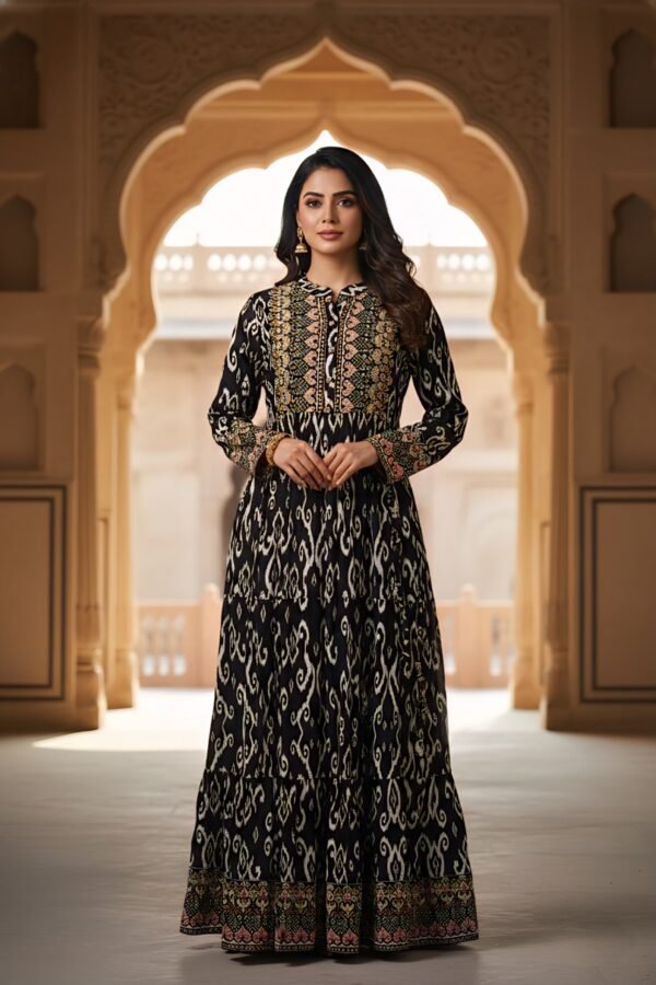 Black Rayon Digital Printed Long Dress
