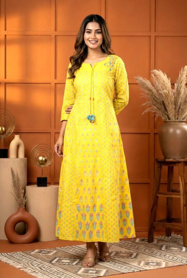 Yellow Muslin Floral Printed Long Dress