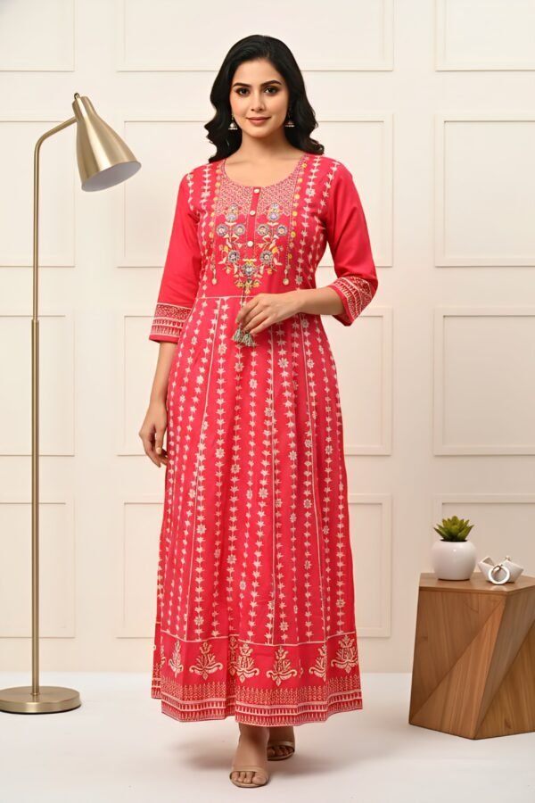 Pink Cotton Floral Hand Embroidery Dress