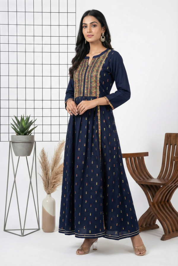 Navy Blue Rayon Zari Embroidered Dress