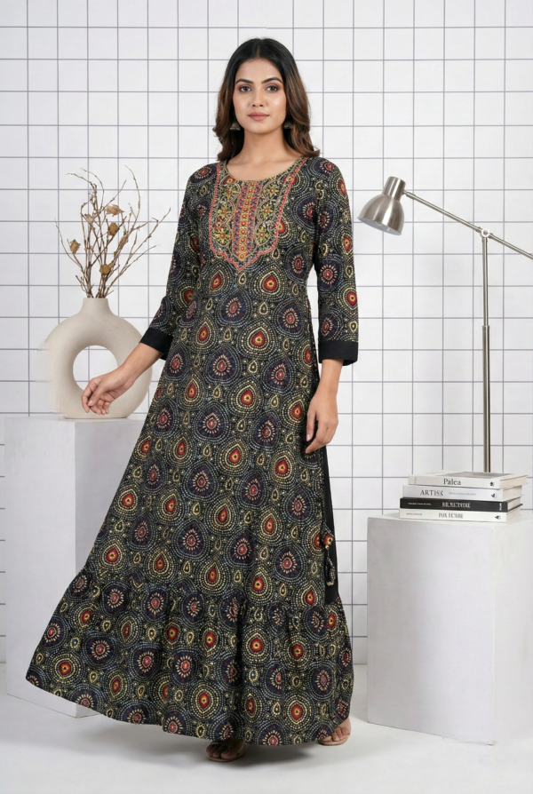 Black Rayon Floral Embroidery Dress