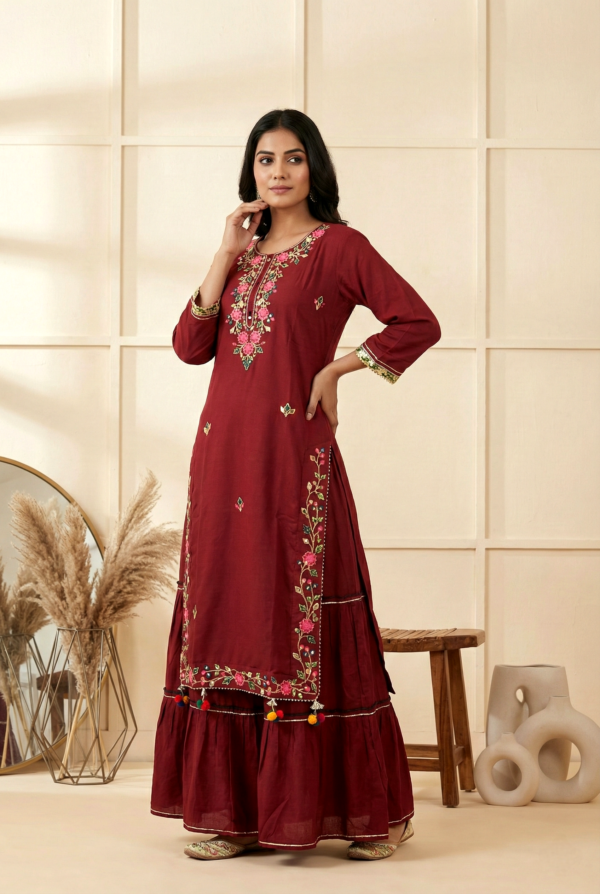 Maroon Georgette Floral Embroidery Dress