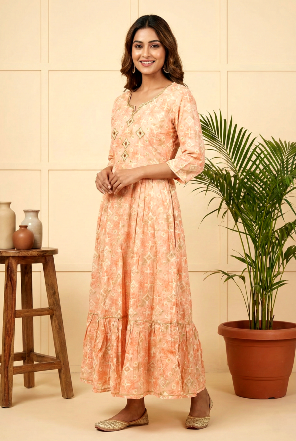 Orange Rayon Printed And Mirror Embroidery Dress