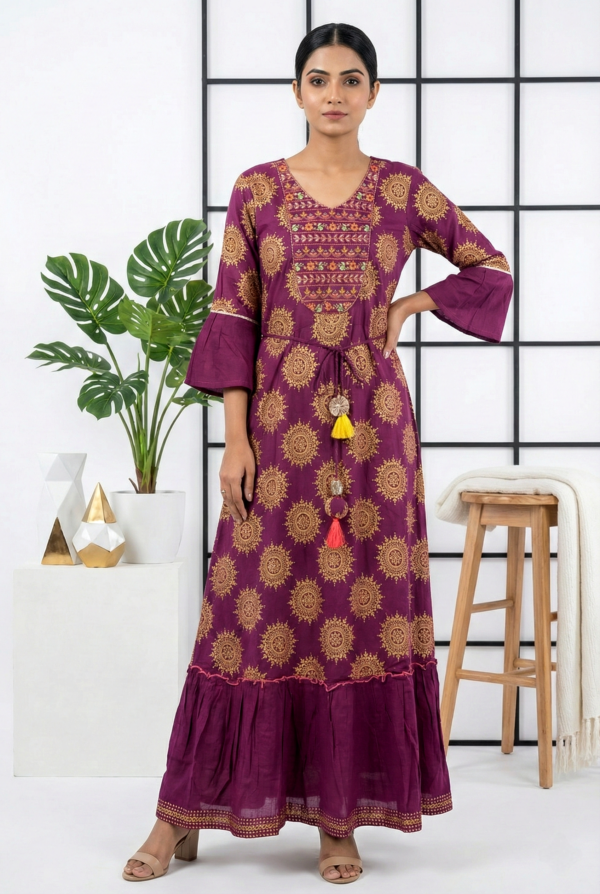 Wine Cotton Floral Printed Dress