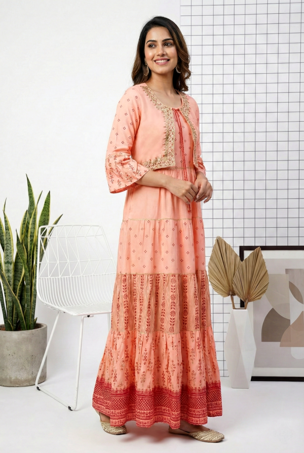 Peach Georgette Zari Hand Embroidery Dress