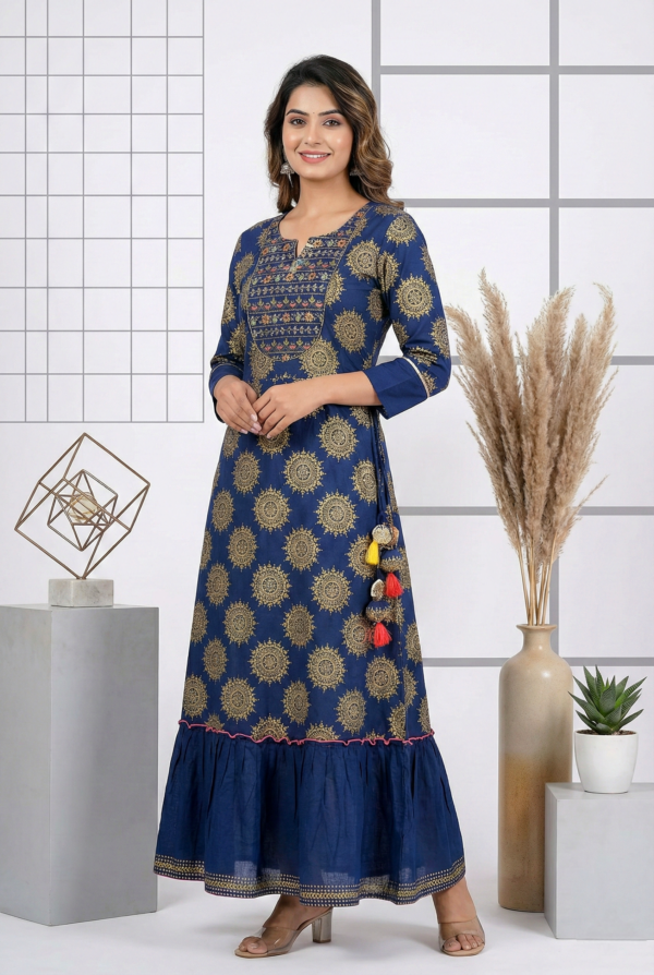 Navy Blue Cotton Floral Printed Dress