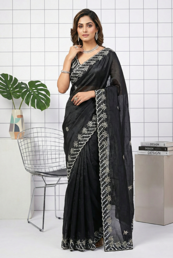 Black Jimmy Choo Floral Sequins Embroidered Saree