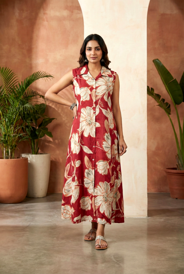 Maroon Rayon Printed Long Dress