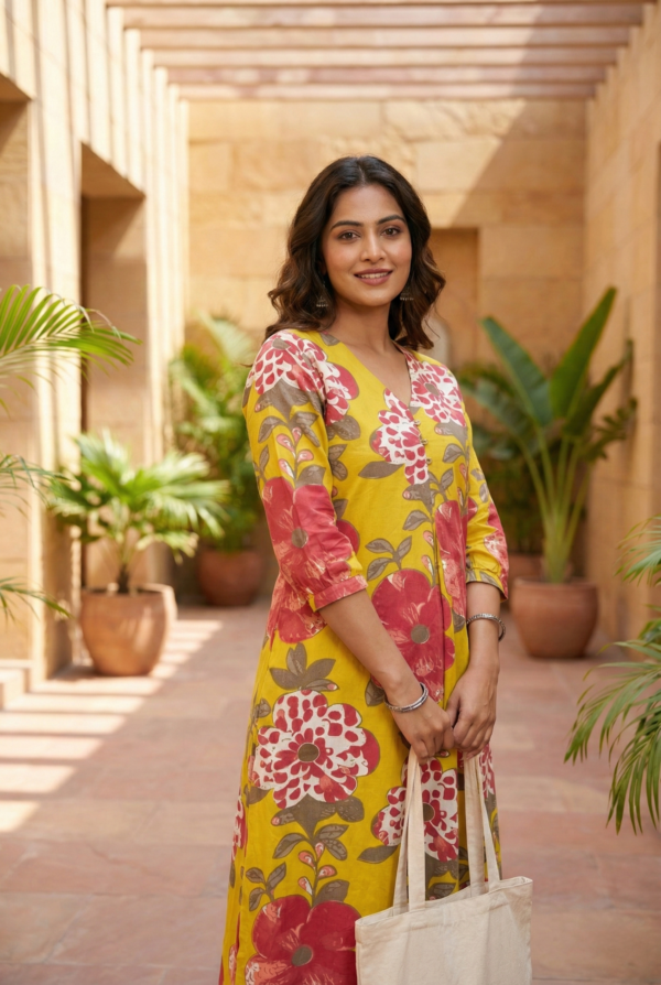 Lemon Cotton Floral Printed Dress