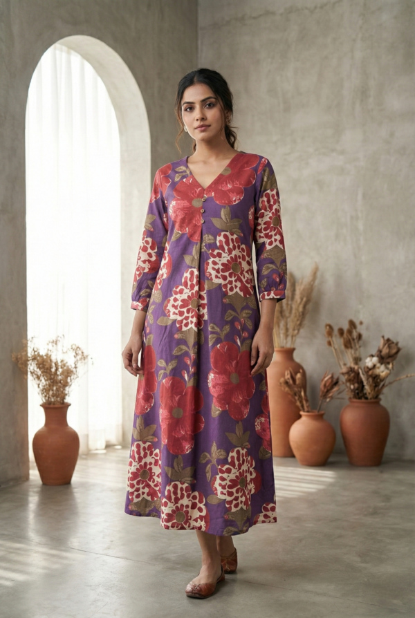 Purple Cotton Floral Printed Dress