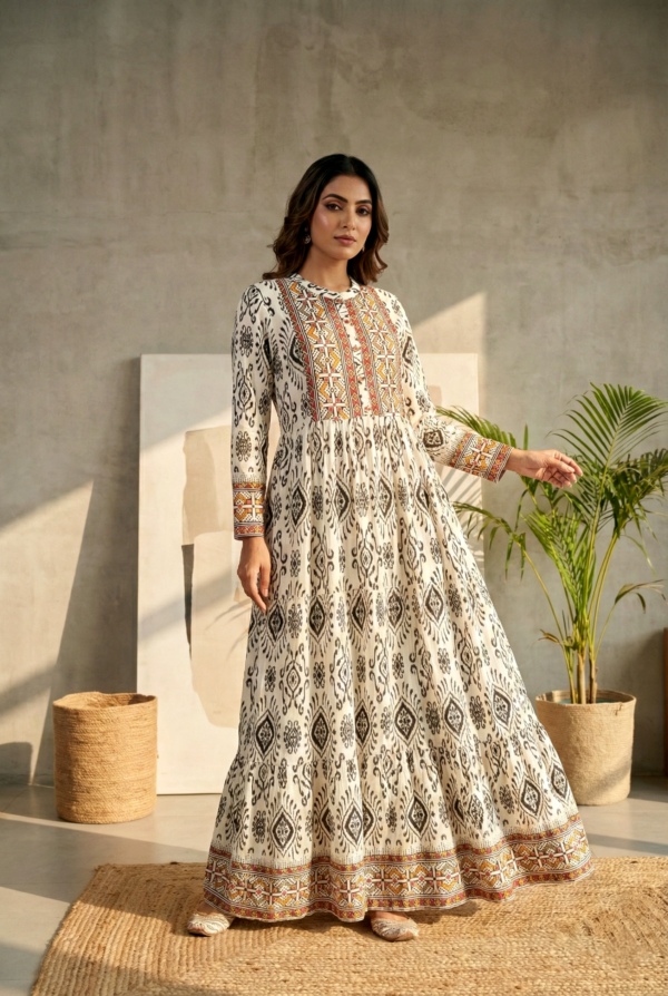 Off White Rayon Printed Long Dress