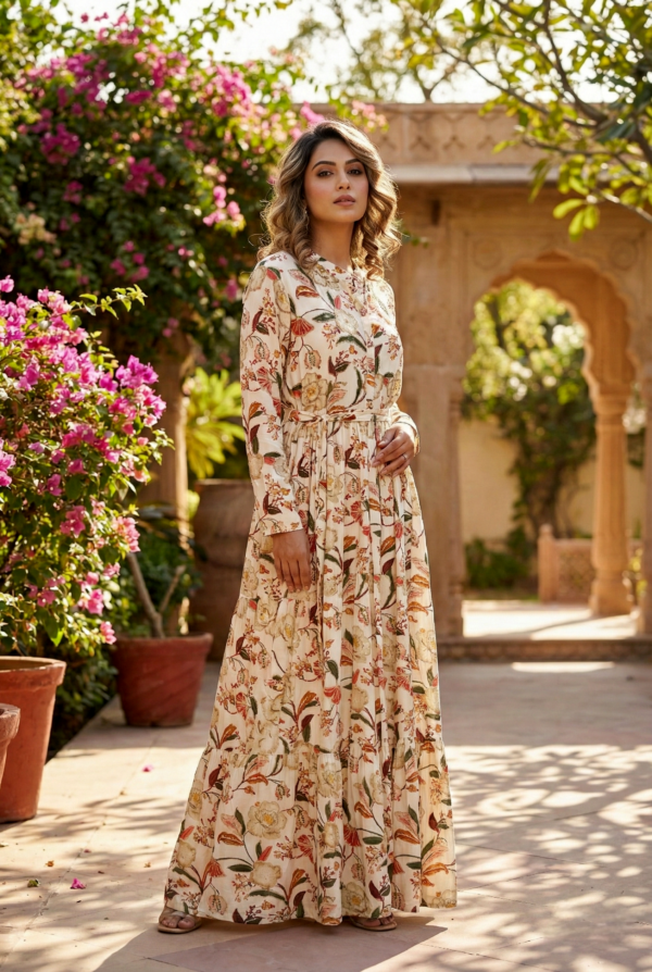 Cream Rayon Hand Embroidery Long Dress