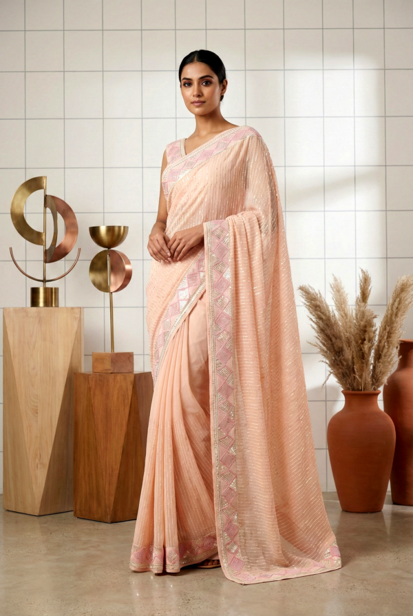 Peach Georgette Sequins Embroidery Saree