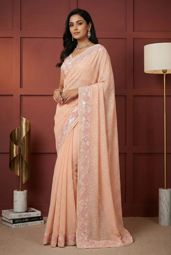 Pink Georgette Sequins Embroidery Saree