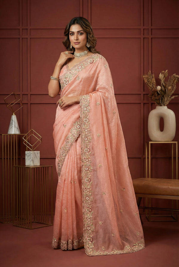 Peach Georgette Floral Embroidery Saree