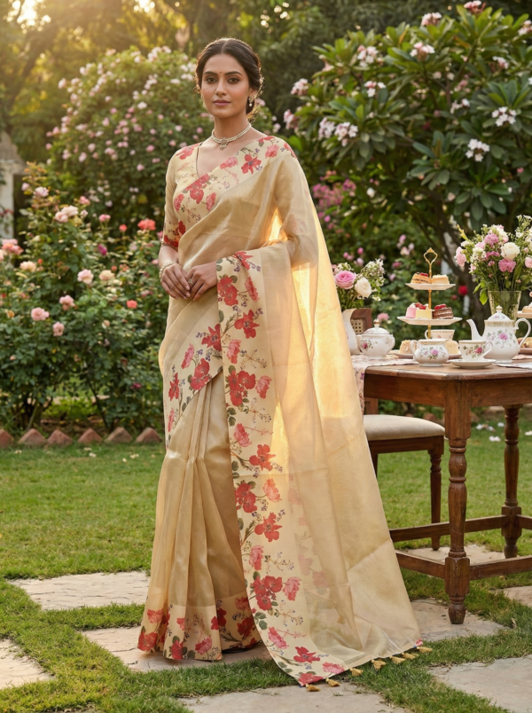 Peach Organza Floral Digital Printed Saree
