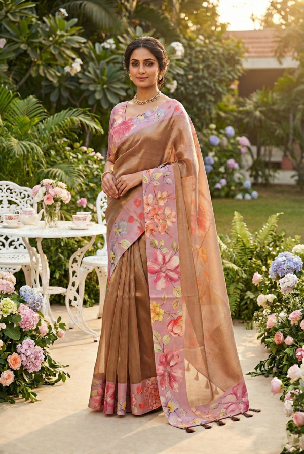 Onion Pink Organza Floral Digital Printed Saree
