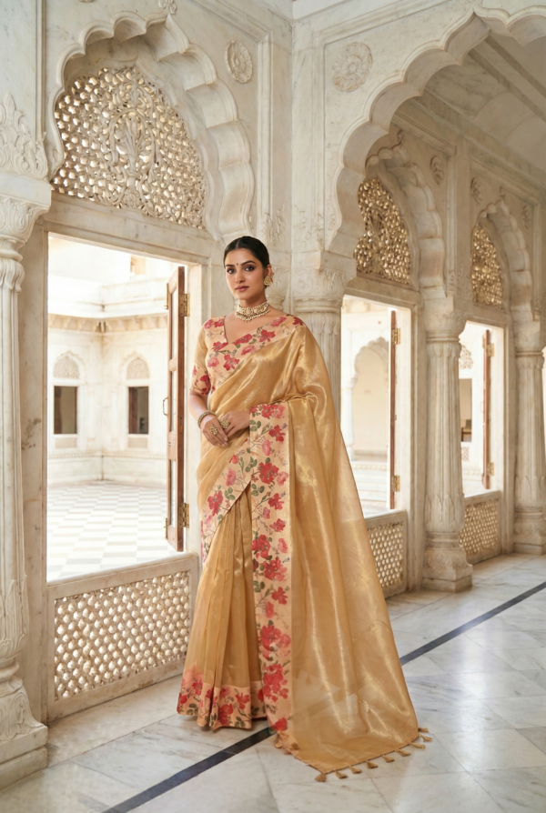 Gold Organza Floral Printed Saree