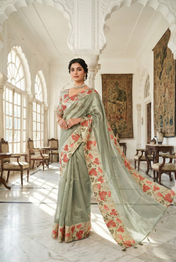 Grey Organza Floral Digital Printed Saree