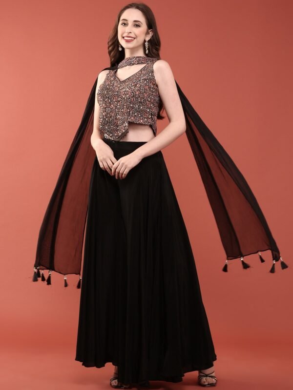 Black Silk Heavy Embroidery Crop Top With Palazzo