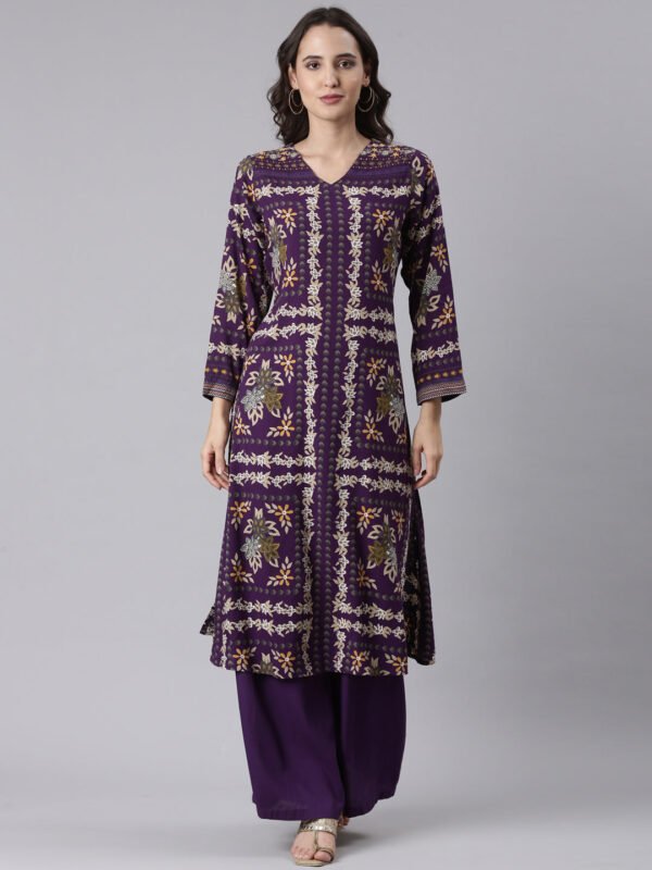 Purple Rayon Printed With Palazzo Two Piece Set
