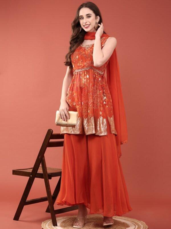 Rust Organza Digital Print With Palazzo Set