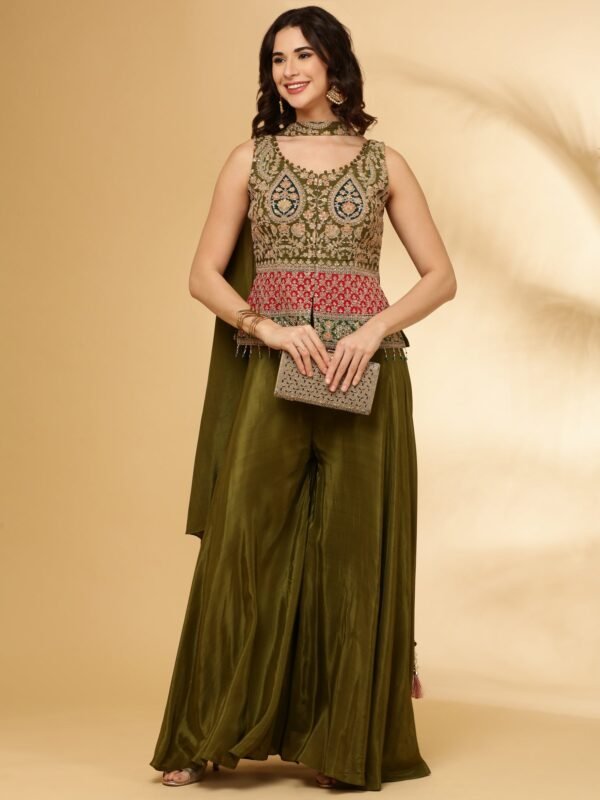 Mehendi Green Chinnon Crop Top Palazzo Set