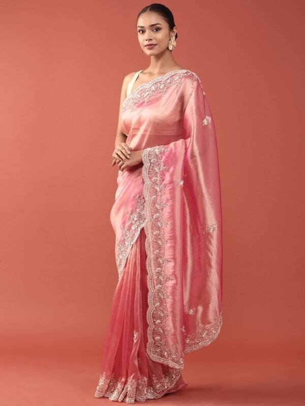 Pink Tissue Zari Embroidery saree