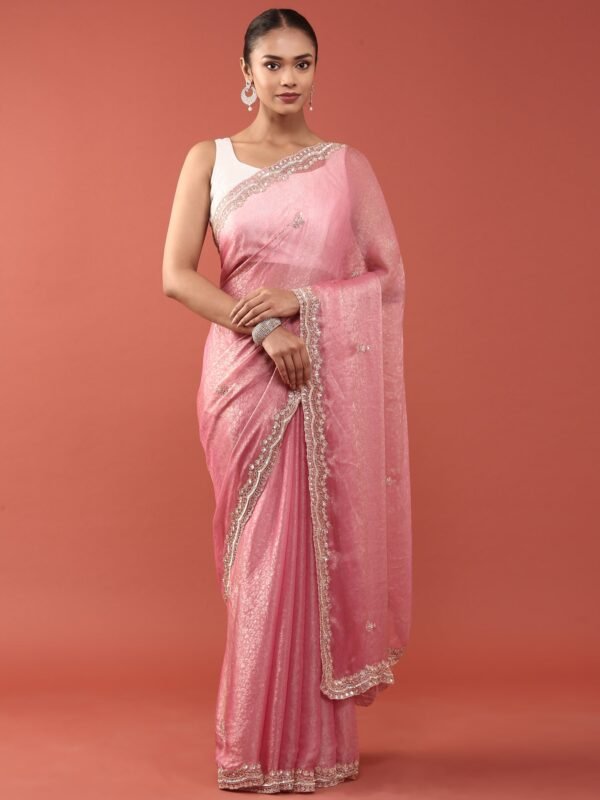 Onion Pink Jacquard Zari Embroidery Saree