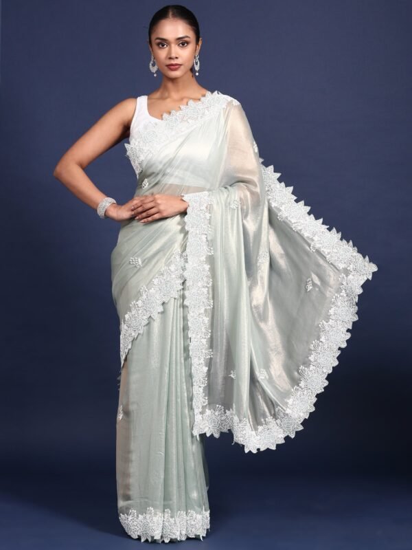 Sea Green Organza Stone And Thread Embroidery Saree