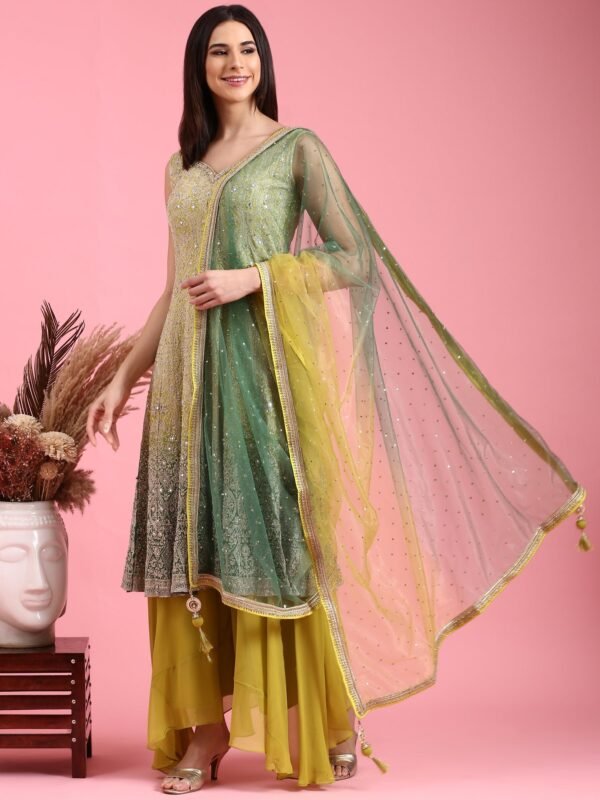 Variyali Green Heavily Embroidered Short Kali Palazzo Suit