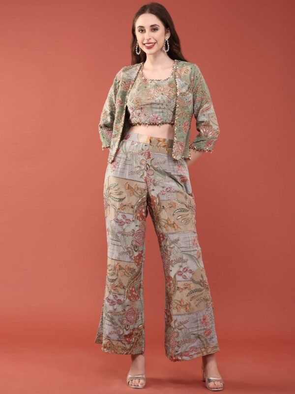 Sea Green Crepe Heavy Hand Embroidery Set With Jacket