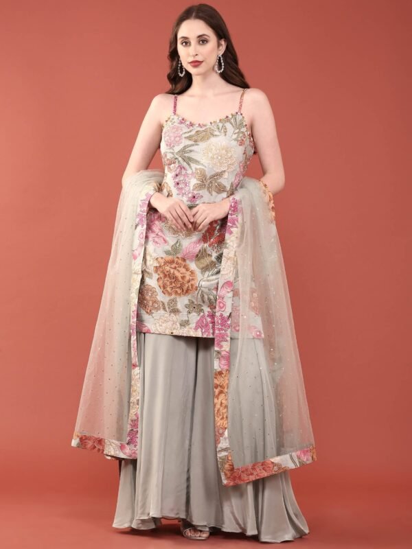 Grey Crepe With Beads And Stones Hand Embroidered Palazzo Set