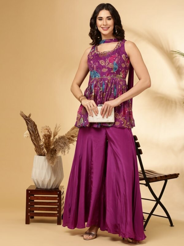 Purple Printed Organza Palazzo Set