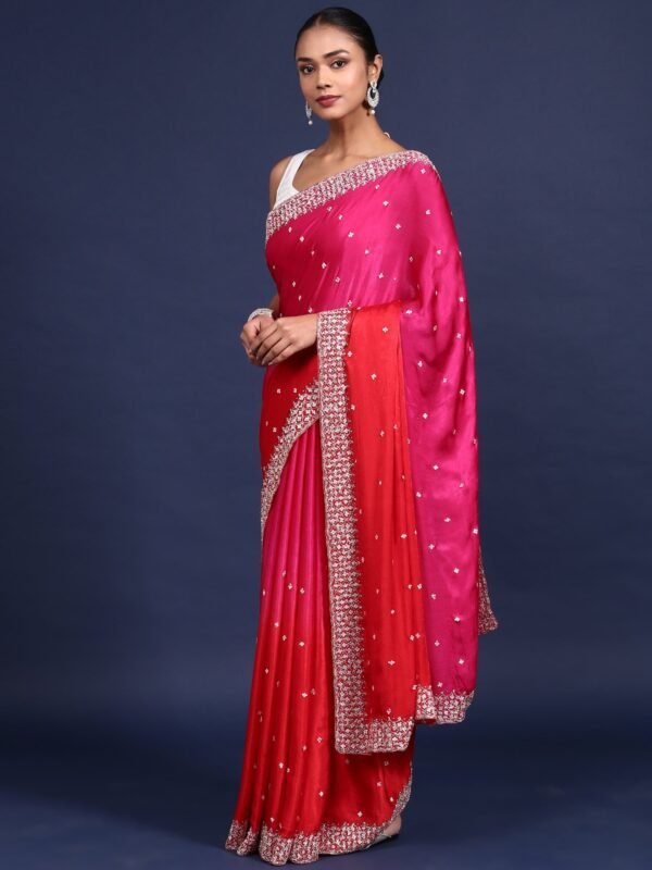 Pink Satin Stone And Thread Embroidery Saree