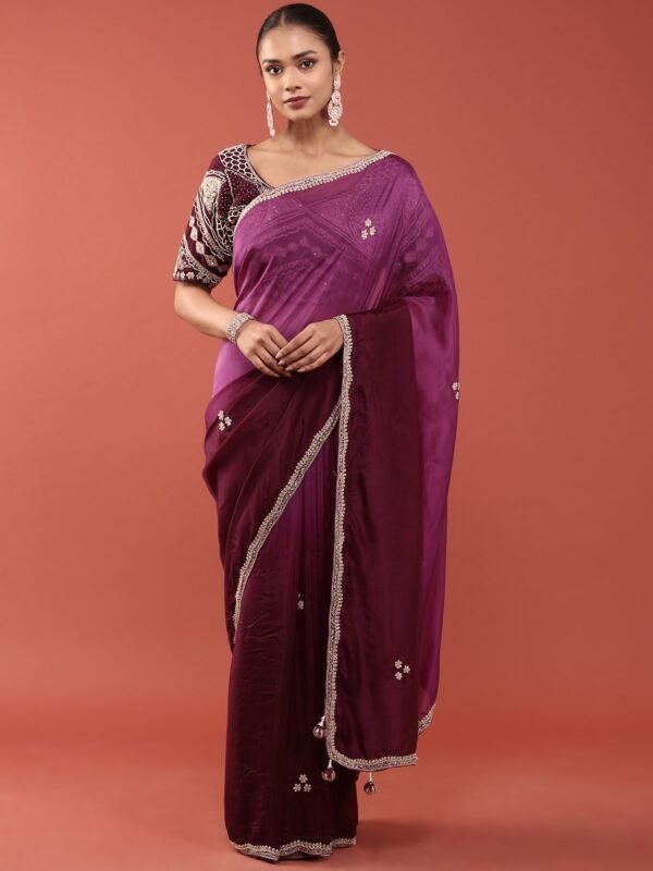Purple Crepe Embroidery Saree With Readymade Blouse