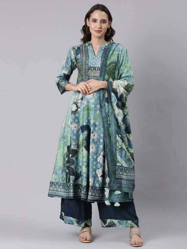Blue Silk Printed Anarkali With Palazzo Three Piece Set