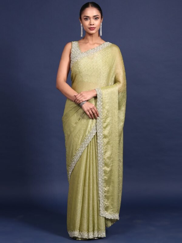 Pista Green Jacquard Embroidery Saree With Readymade Blouse
