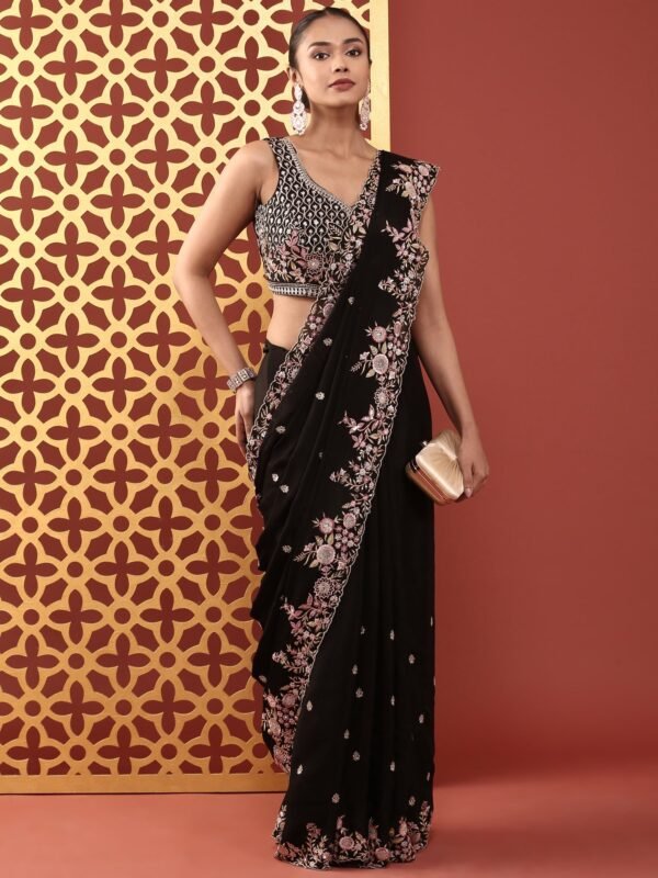 Black Crepe Embroidery Saree With Readymade Blouse