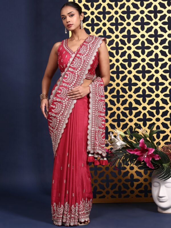 Pink Crepe Zari Embroidery Saree With Readymade Blouse