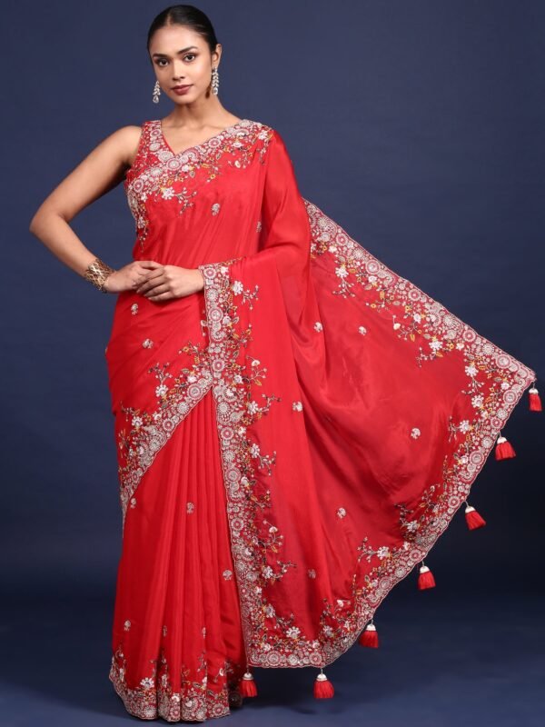 Red Crepe Embroidery Saree With Readymade Blouse