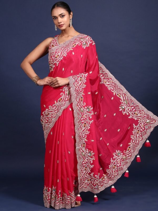 Rani Pink Crepe Embroidery Saree With Readymade Blouse