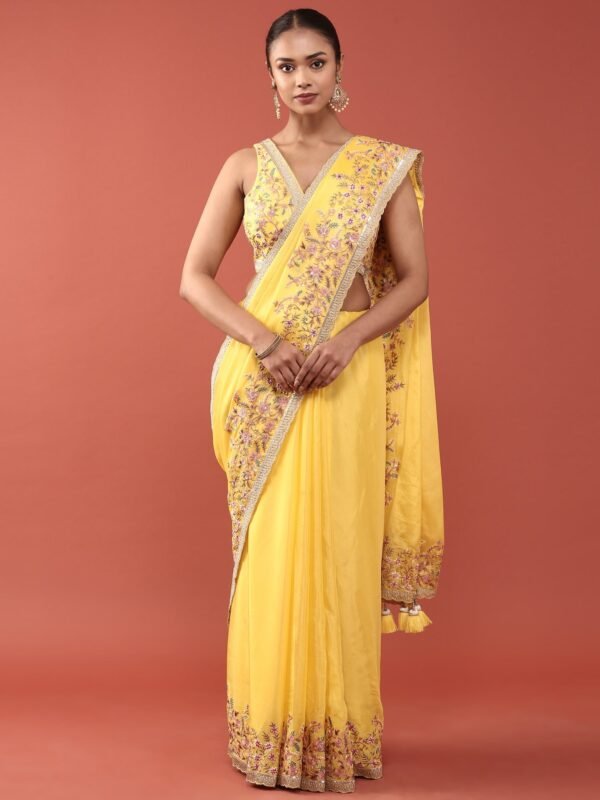 Lemon Crepe Embroidery Saree With Readymade Blouse